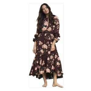 Johanna Ortiz x H&M Flounced Floral Maxi Dress with Ruffled Sleeves XS Brown